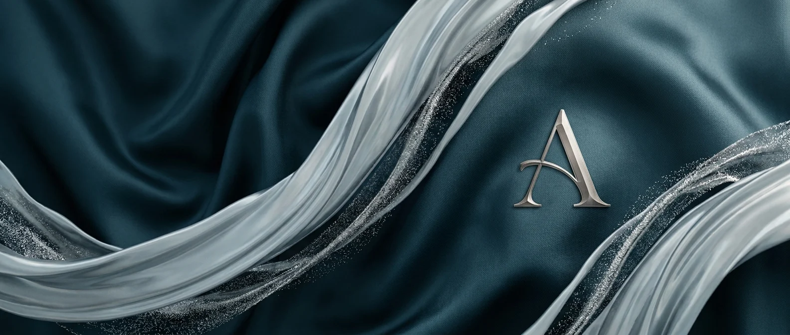 Elegant teal and silver drapes feature a metallic 'A' emblem, representing purposeful technology.